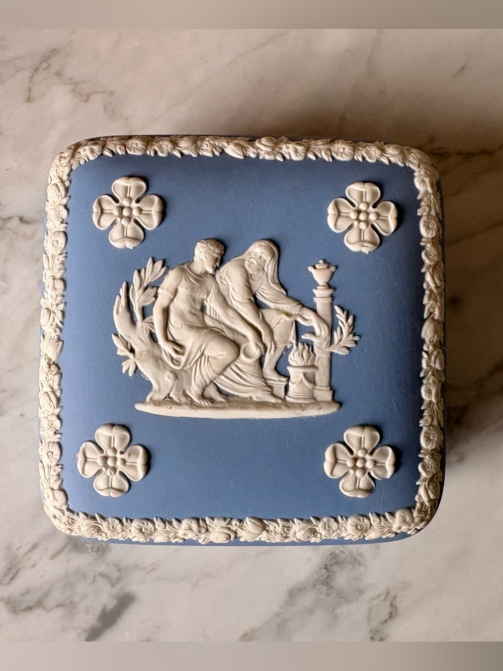 Wedgwood Blue Jasperware Trinket Box with White Relief